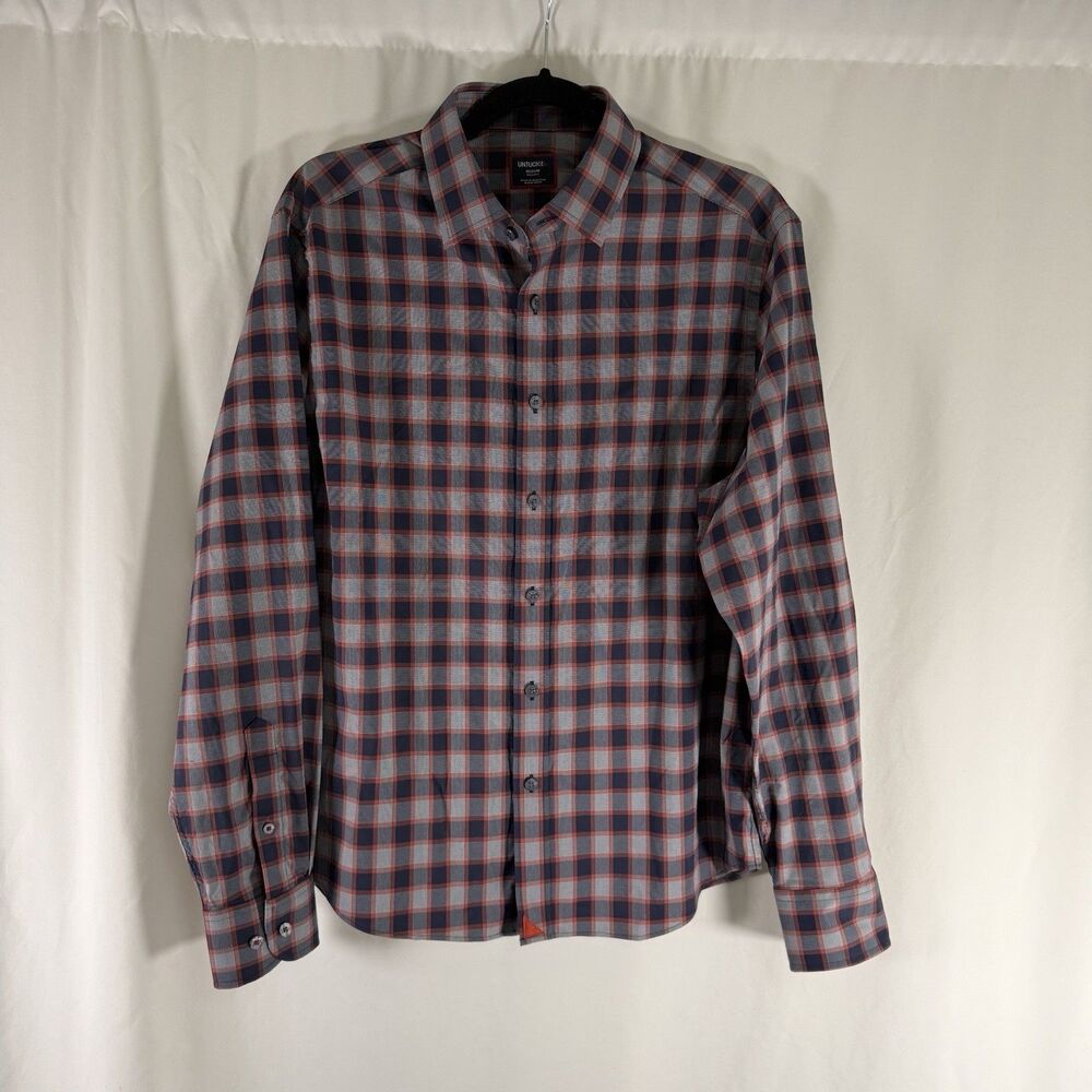UNTUCKit Dress Shirt Men's Medium Blue Plaid Button Down Long Sleeve Regular Fit
